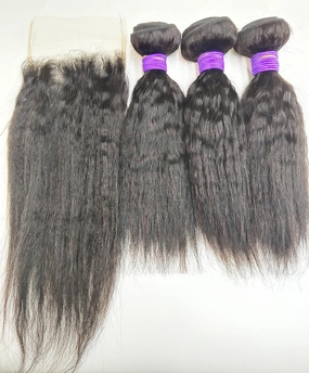 Kinky Straight 3 Bundles with 4x4 Lace Closure Free Part 100% Virgin Brazilian Human Hair Yaki Kinkycurly 10A Hair Weave Small Curly Extensions, Natural Black Color (8 8 8   8 inch)