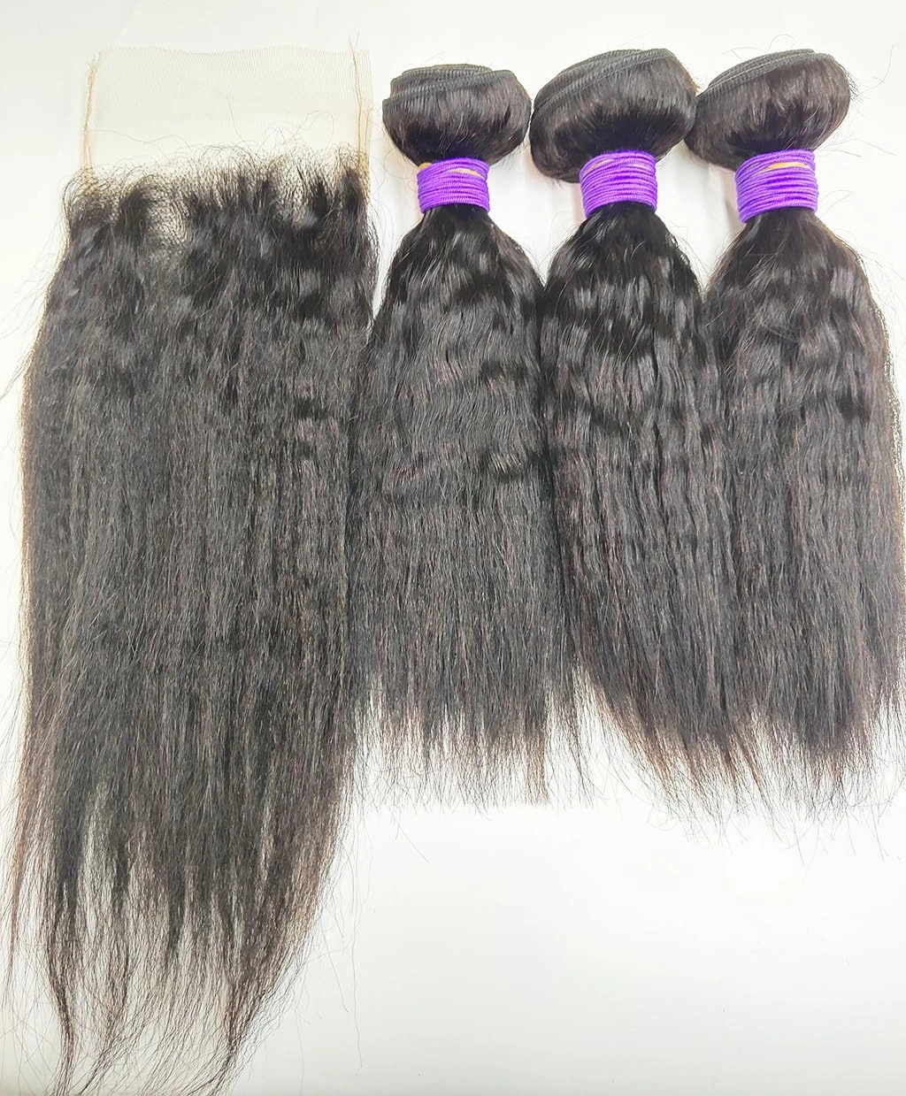 Kinky Straight 3 Bundles with 4x4 Lace Closure Free Part 100% Virgin Brazilian Human Hair Yaki Kinkycurly 10A Hair Weave Small Curly Extensions, Natural Black Color (8 8 8   8 inch)