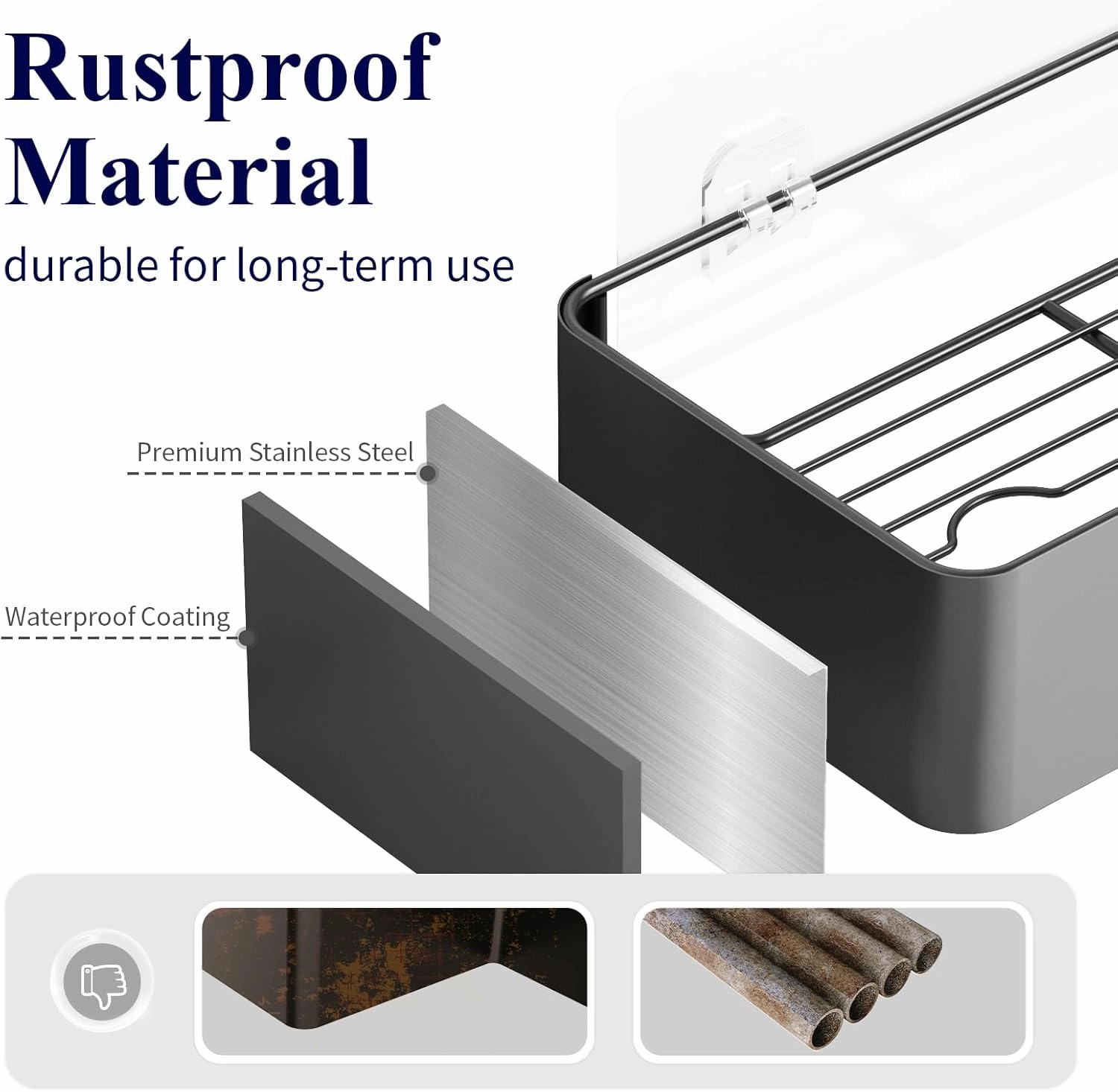 Kitsure X-Large Shower Caddy - 2 Pack Adhesive Shower Organizer, Rustproof Stainless Steel Shelves, No-Drill Bathroom Organizers and Storage, Dark Grey