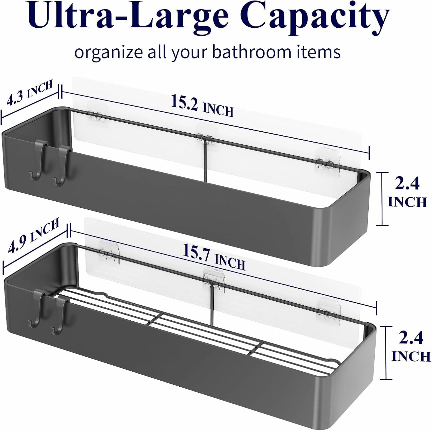 Kitsure X-Large Shower Caddy - 2 Pack Adhesive Shower Organizer, Rustproof Stainless Steel Shelves, No-Drill Bathroom Organizers and Storage, Dark Grey