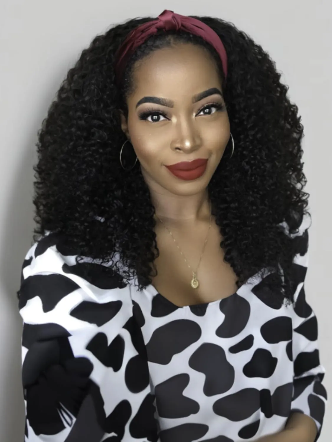 KLAIYI Afro Kinky Curly 3/4 Half Wig Human Hair Glueless Wear and Go Wig with or without Headband Natural Curls Non Lace Front Full Machine Made Ready to Wear Beginner Friendly 12A 180% Density 16Inch