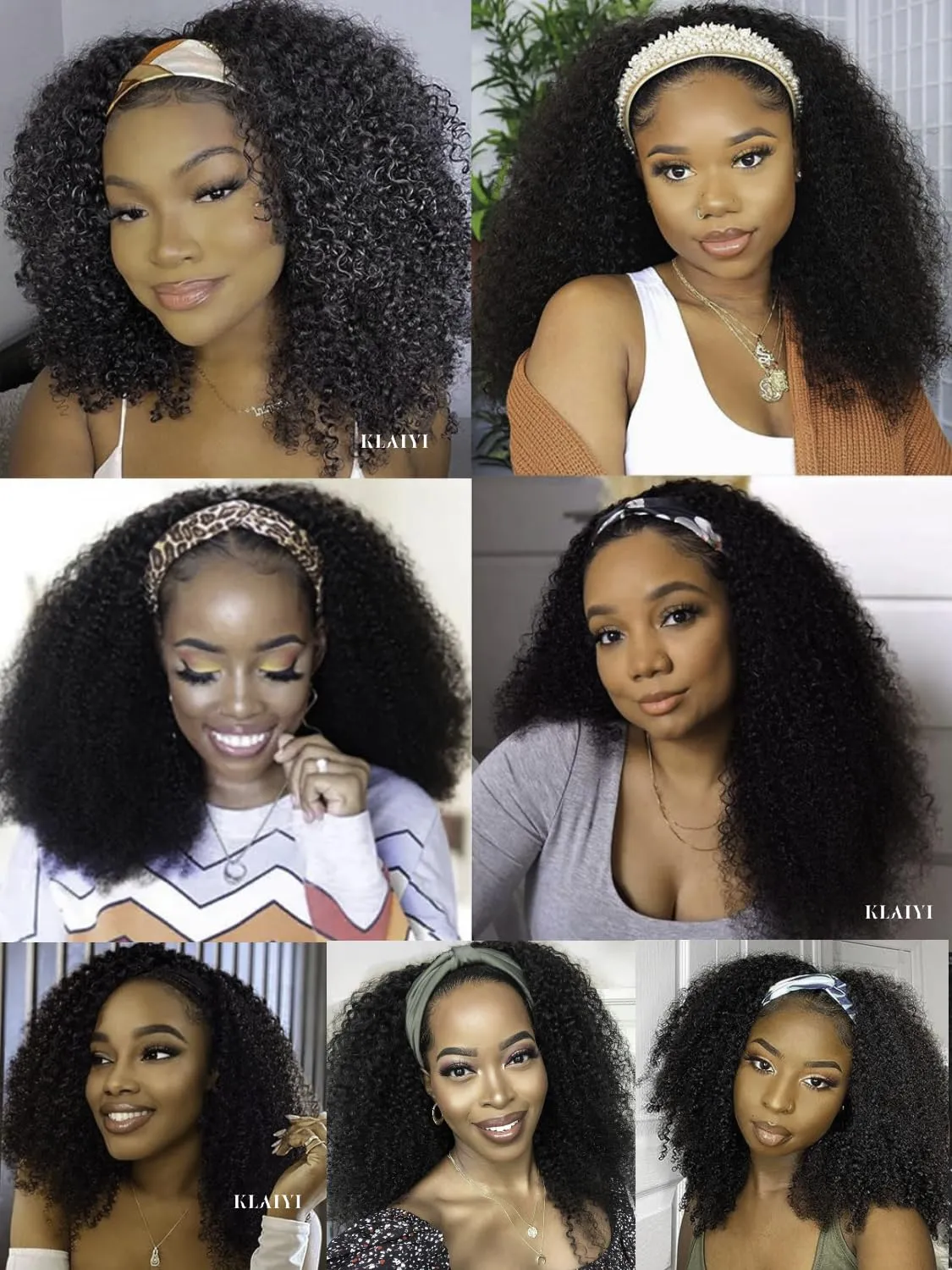 KLAIYI Afro Kinky Curly 3/4 Half Wig Human Hair Glueless Wear and Go Wig with or without Headband Natural Curls Non Lace Front Full Machine Made Ready to Wear Beginner Friendly 12A 180% Density 16Inch