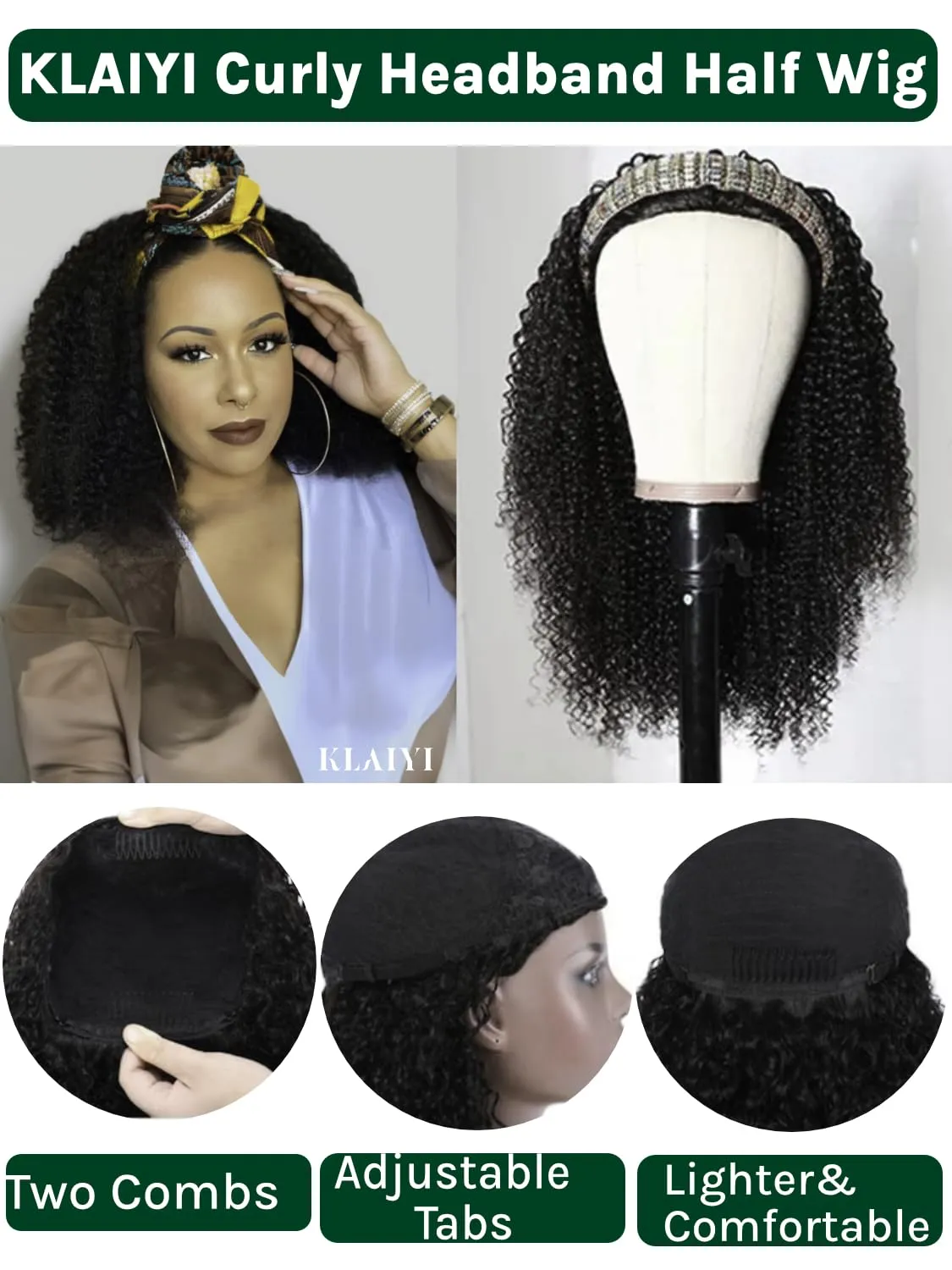 KLAIYI Afro Kinky Curly 3/4 Half Wig Human Hair Glueless Wear and Go Wig with or without Headband Natural Curls Non Lace Front Full Machine Made Ready to Wear Beginner Friendly 12A 180% Density 16Inch