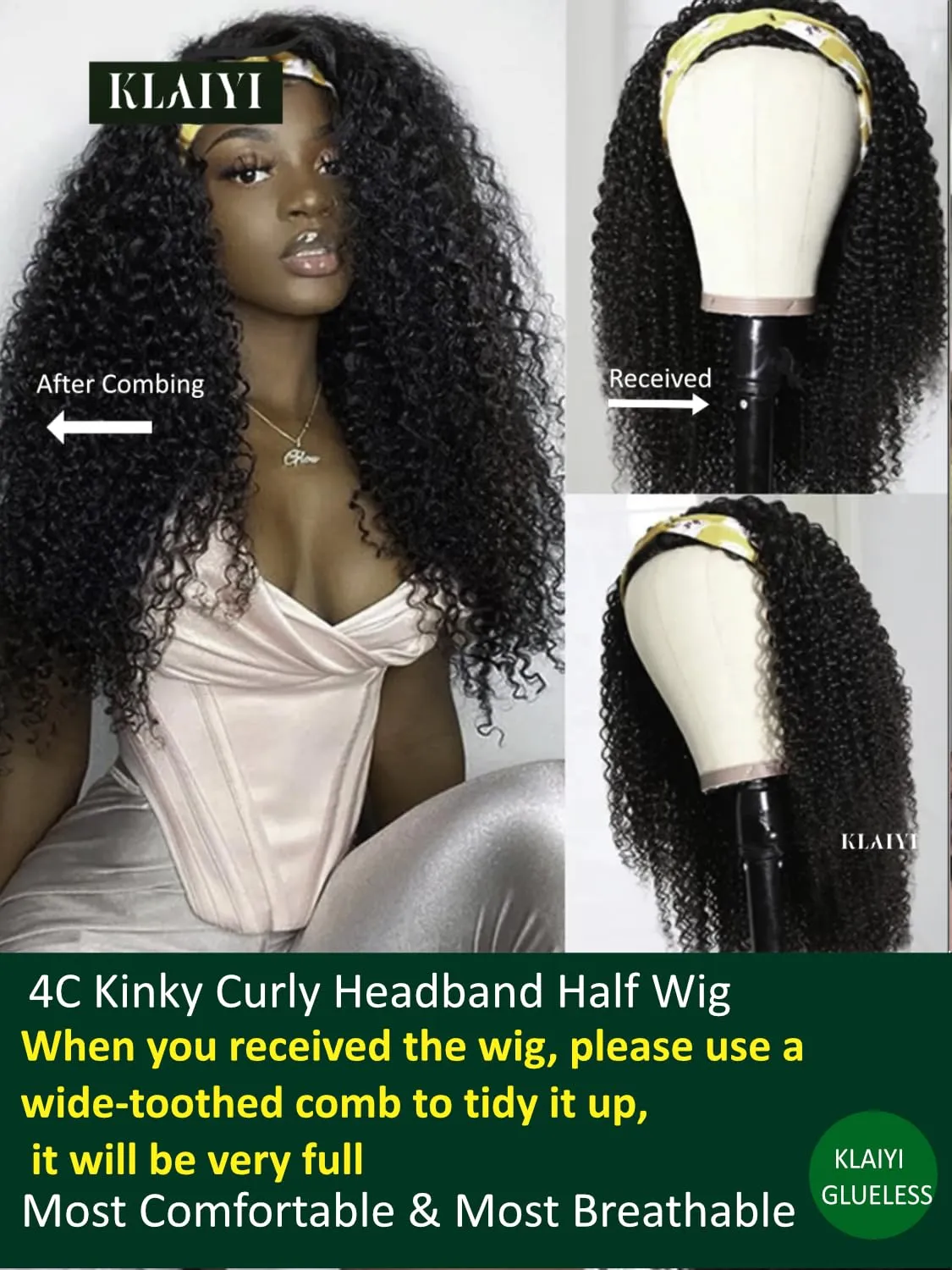 KLAIYI Afro Kinky Curly 3/4 Half Wig Human Hair Glueless Wear and Go Wig with or without Headband Natural Curls Non Lace Front Full Machine Made Ready to Wear Beginner Friendly 12A 180% Density 16Inch