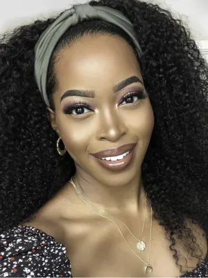 KLAIYI Afro Kinky Curly 3/4 Half Wig Human Hair Glueless Wear and Go Wig with or without Headband Natural Curls Non Lace Front Full Machine Made Ready to Wear Beginner Friendly 12A 180% Density 16Inch