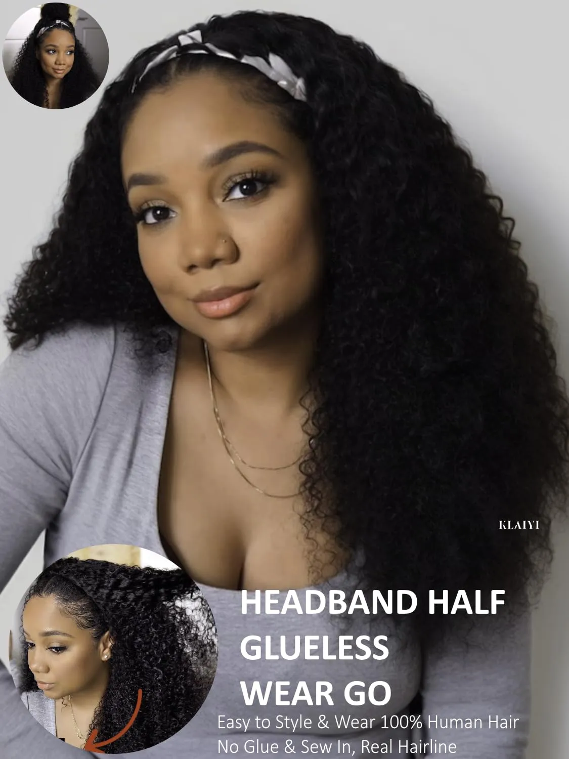 KLAIYI Afro Kinky Curly 3/4 Half Wig Human Hair Glueless Wear and Go Wig with or without Headband Natural Curls Non Lace Front Full Machine Made Ready to Wear Beginner Friendly 12A 180% Density 16Inch