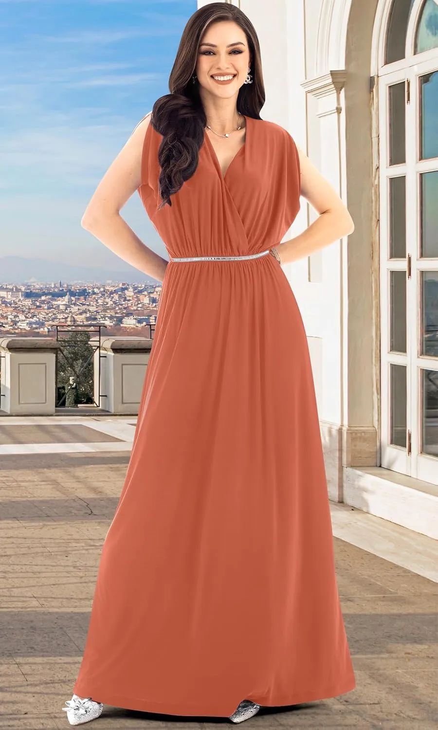 KOH KOH Womens Long Dolman Sleeve Wrap V-Neck Maternity Bridesmaid Maxi Dress