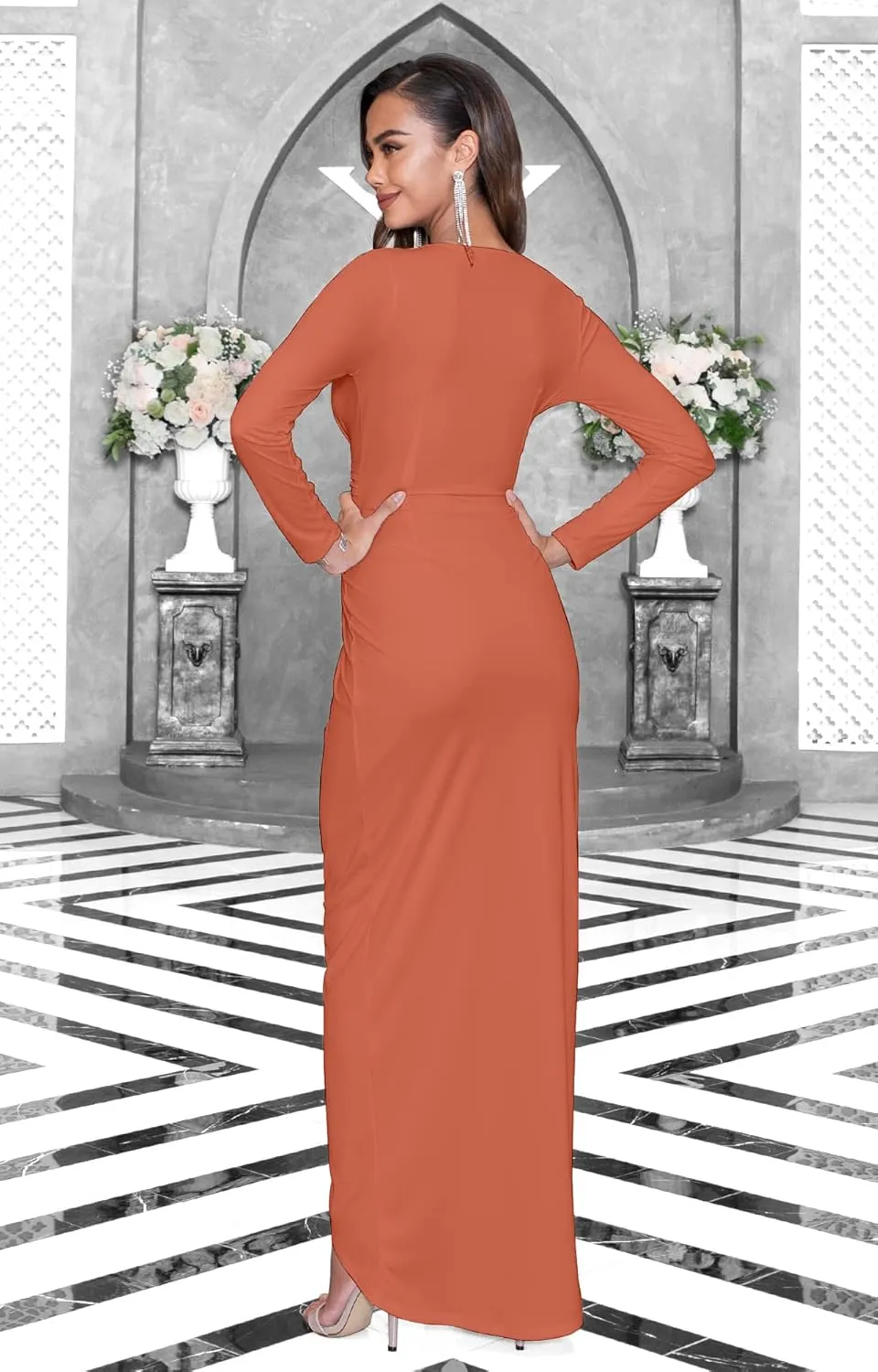 KOH KOH Womens Long Sleeve Formal Wrap Draped Cocktail V-Neck Gown Maxi Dress