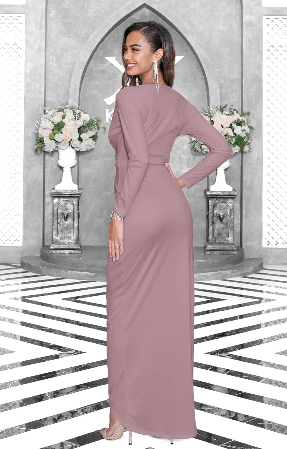KOH KOH Womens Long Sleeve Formal Wrap Draped Cocktail V-Neck Gown Maxi Dress