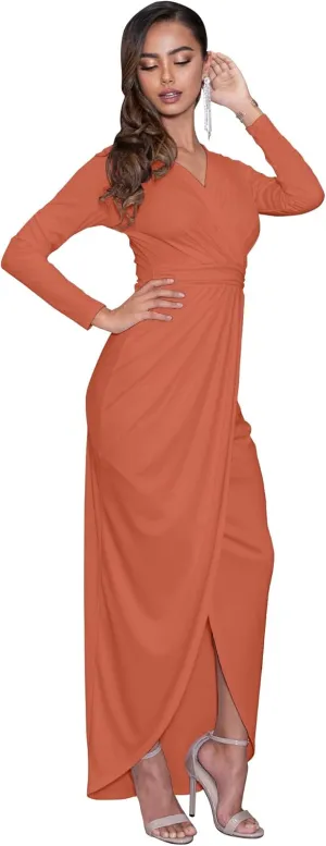 KOH KOH Womens Long Sleeve Formal Wrap Draped Cocktail V-Neck Gown Maxi Dress
