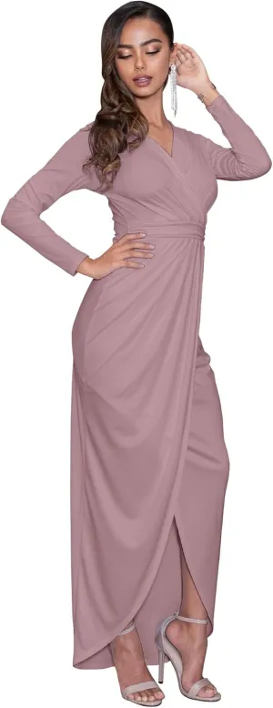KOH KOH Womens Long Sleeve Formal Wrap Draped Cocktail V-Neck Gown Maxi Dress