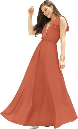 KOH KOH Womens Long V-Neck Ruffle Sleeveless Bridesmaid Prom Gown Maxi Dress
