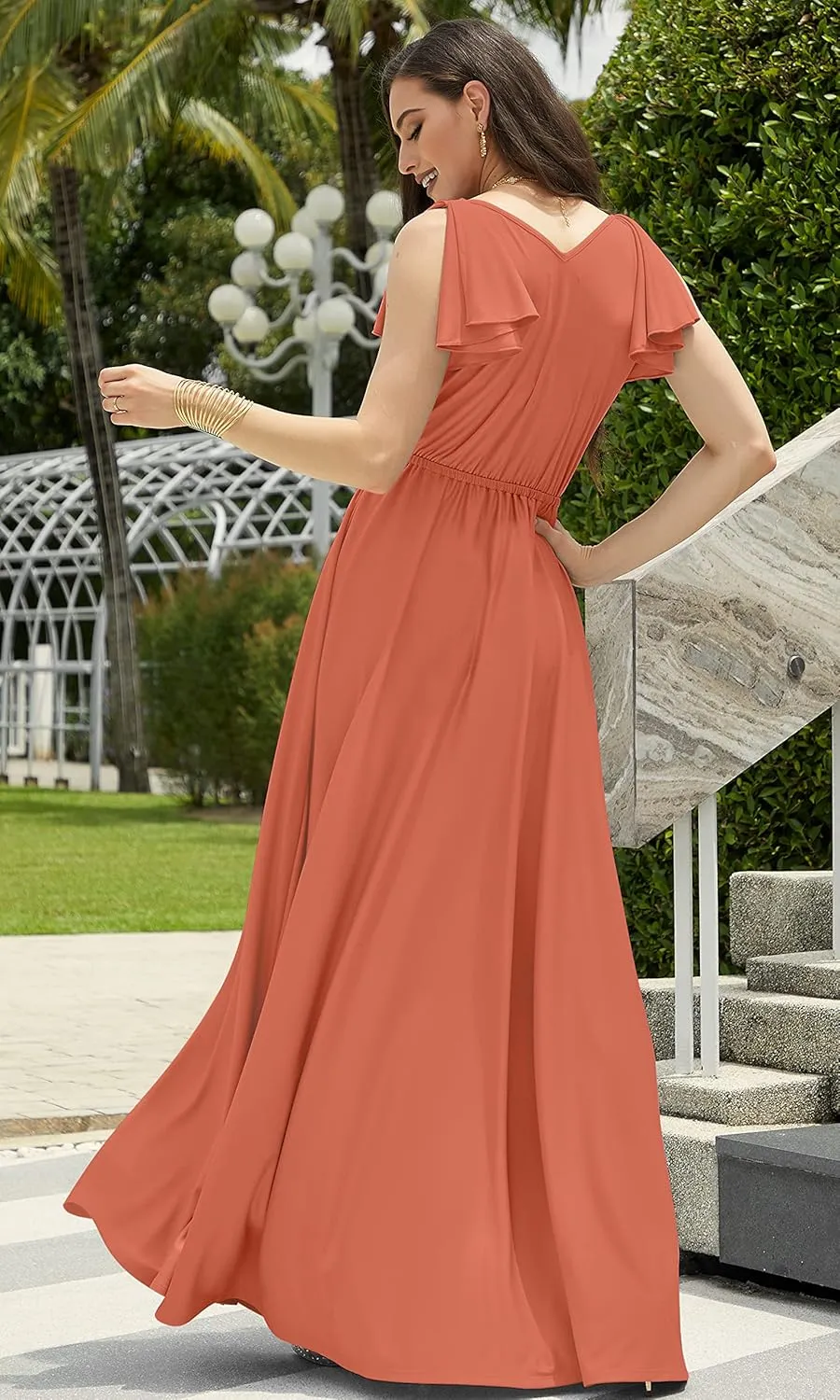 KOH KOH Womens Long V-Neck Ruffle Sleeveless Bridesmaid Prom Gown Maxi Dress