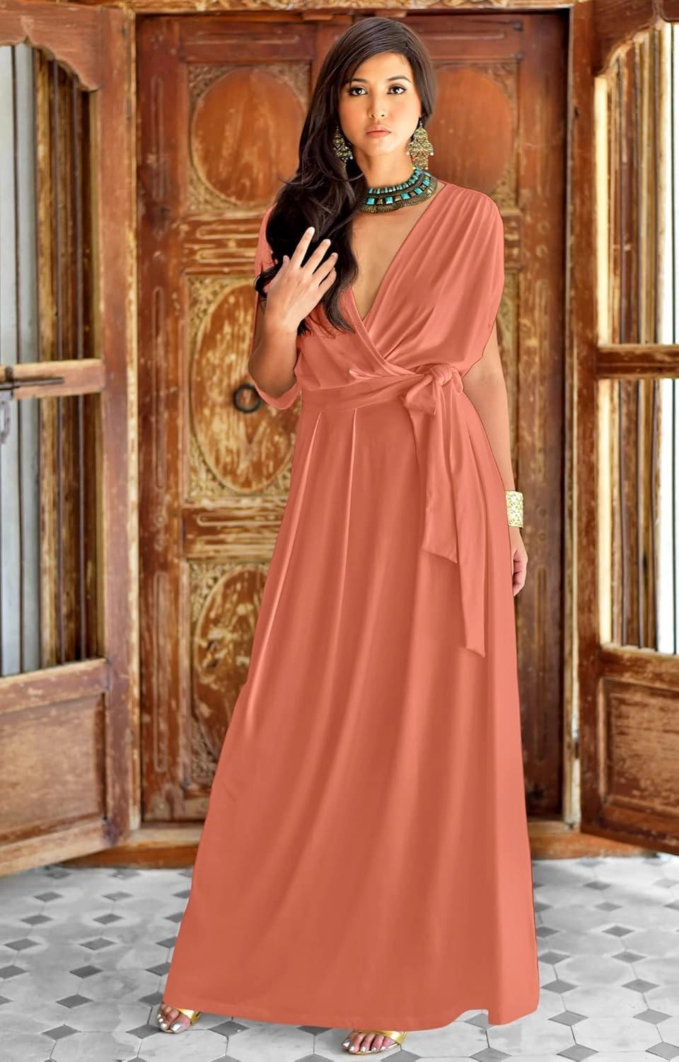 KOH KOH Formal Short Sleeve Cocktail Flowy V-Neck Gown
