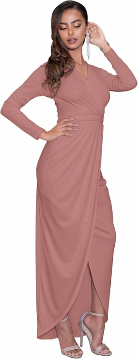 KOH KOH Womens Long Sleeve Formal Wrap Draped Cocktail V-Neck Gown Maxi Dress