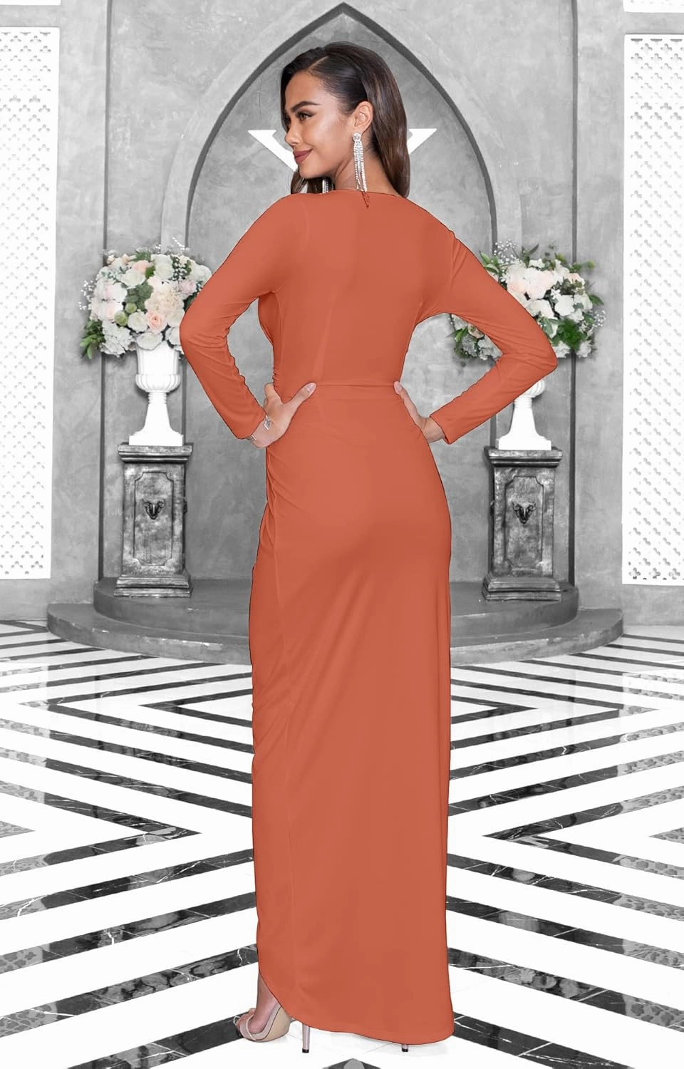 KOH KOH Womens Long Sleeve Formal Wrap Draped Cocktail V-Neck Gown Maxi Dress