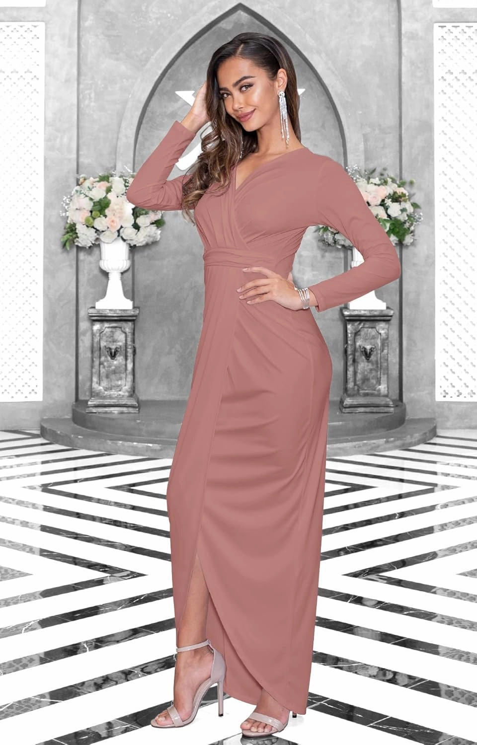 KOH KOH Womens Long Sleeve Formal Wrap Draped Cocktail V-Neck Gown Maxi Dress