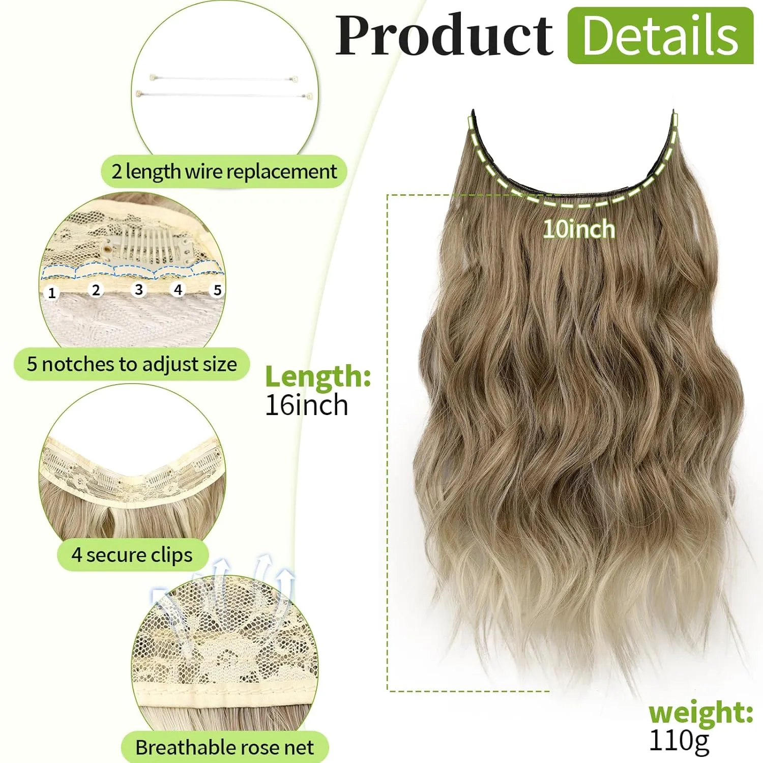 KooKaStyle Invisible Wire Hair Extensions with Transparent Headband Adjustable Size 4 Secure Clips Long Wavy Secret Wire Hairpiece for Women 16 Inch Ash Brown mix Bleach Blonde