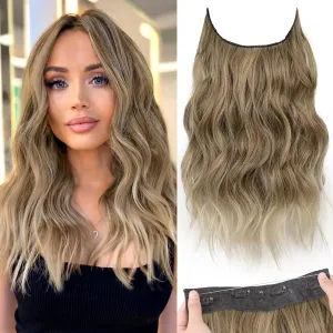 KooKaStyle Invisible Wire Hair Extensions with Transparent Headband Adjustable Size 4 Secure Clips Long Wavy Secret Wire Hairpiece for Women 16 Inch Ash Brown mix Bleach Blonde