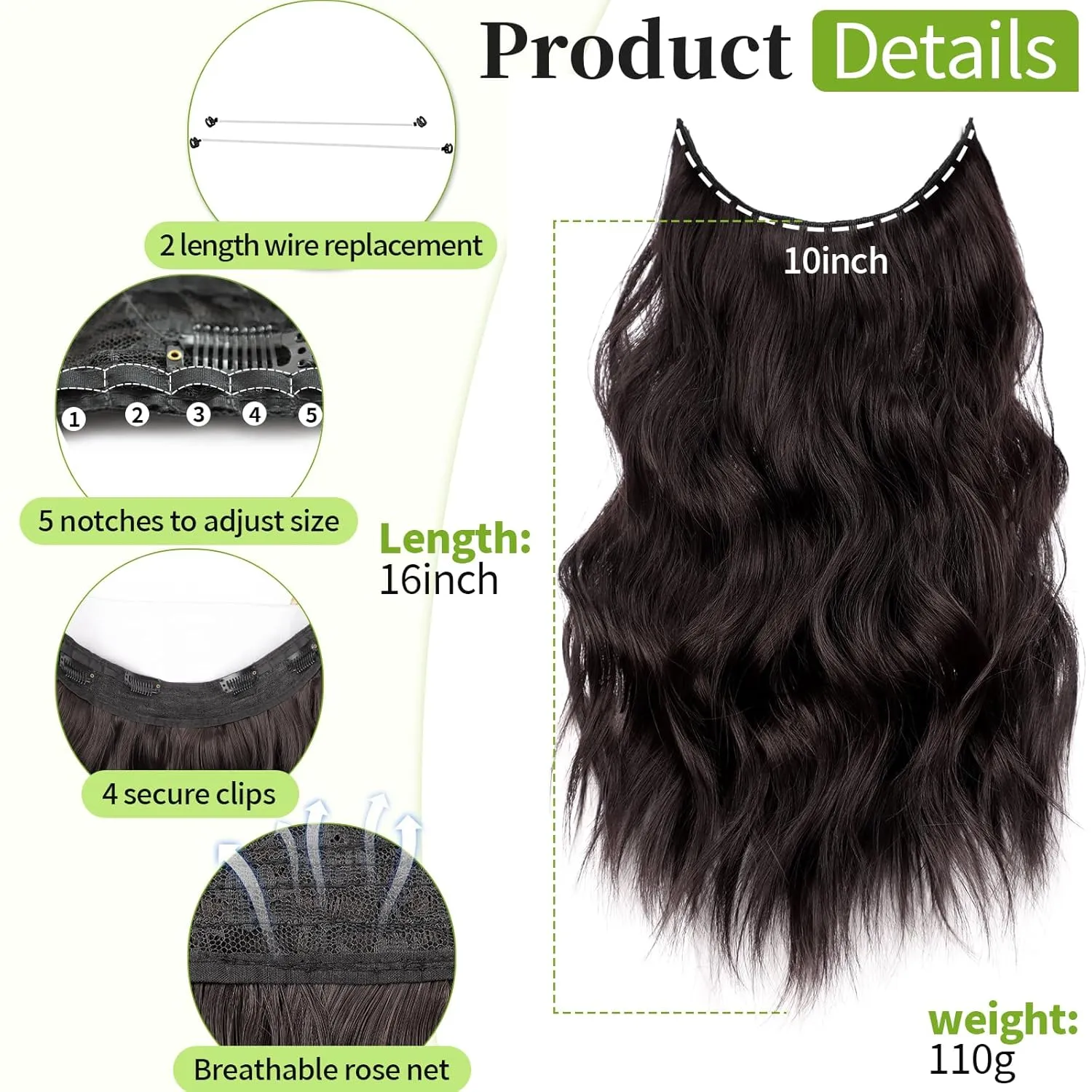 KooKaStyle Invisible Wire Hair Extensions with Transparent Headband Adjustable Size 4 Secure Clips Long Wavy Secret Wire Synthetic Hairpiece Dark Brown/6# 16 Inch for Women