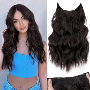 KooKaStyle Invisible Wire Hair Extensions with Transparent Headband Adjustable Size 4 Secure Clips Long Wavy Secret Wire Synthetic Hairpiece Dark Brown/6# 16 Inch for Women