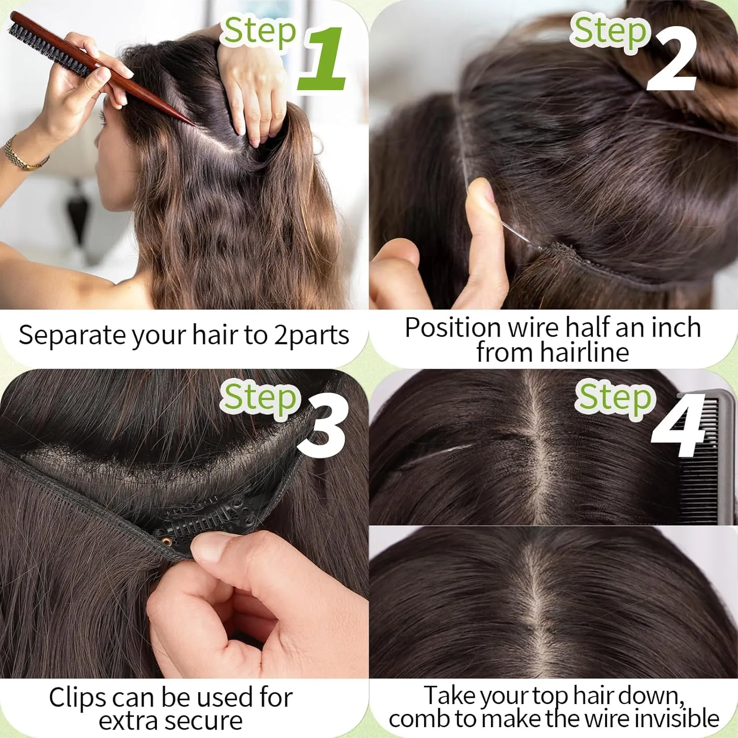 KooKaStyle Invisible Wire Hair Extensions with Transparent Headband Adjustable Size 4 Secure Clips Long Wavy Secret Wire Synthetic Hairpiece Dark Brown/6# 16 Inch for Women