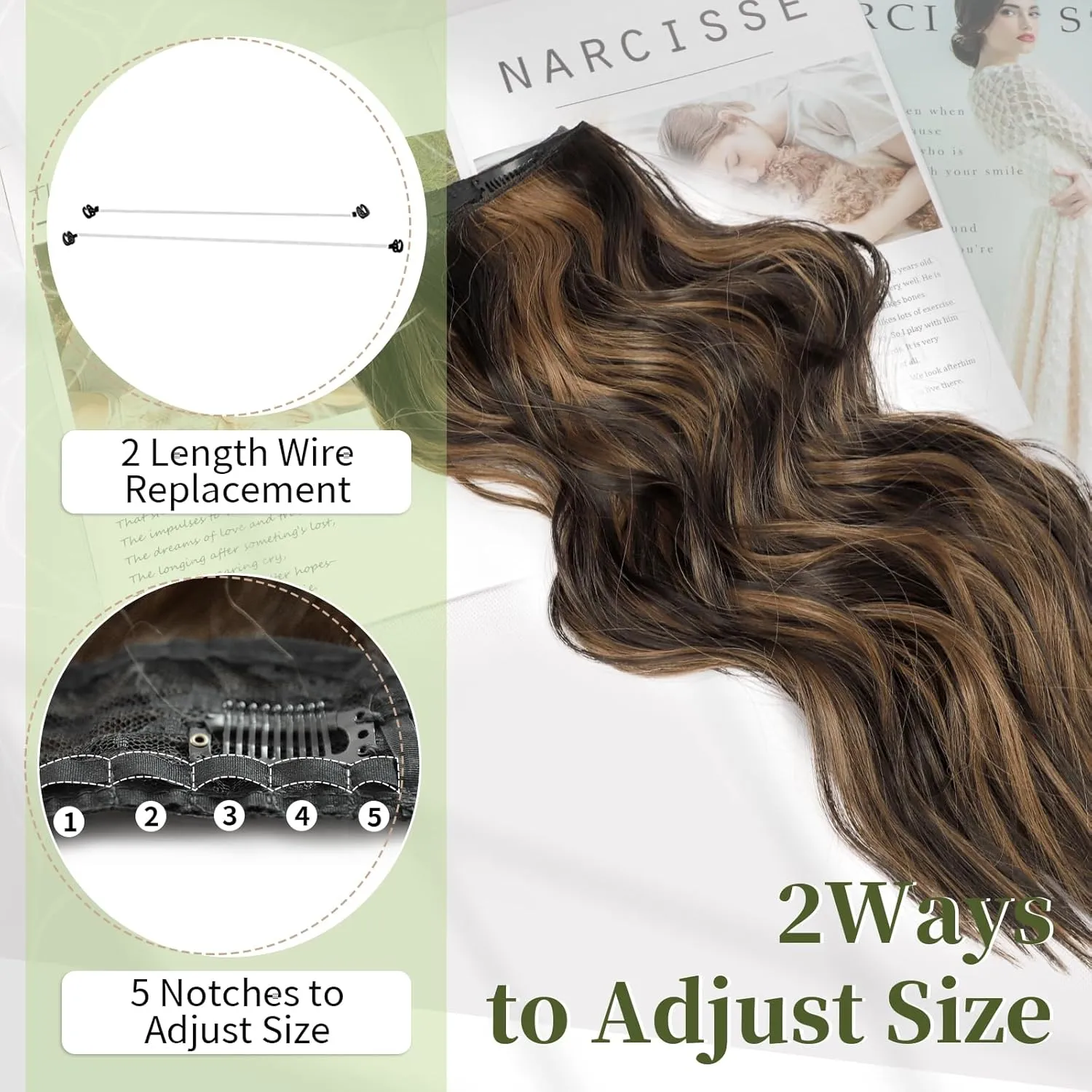KooKaStyle Invisible Wire Hair Extensions with Transparent Wire Headband Adjustable Size 4 Secure Clips Balayage Dark Brown with Chestnut Long Wavy Hairpiece 16 Inch for Women