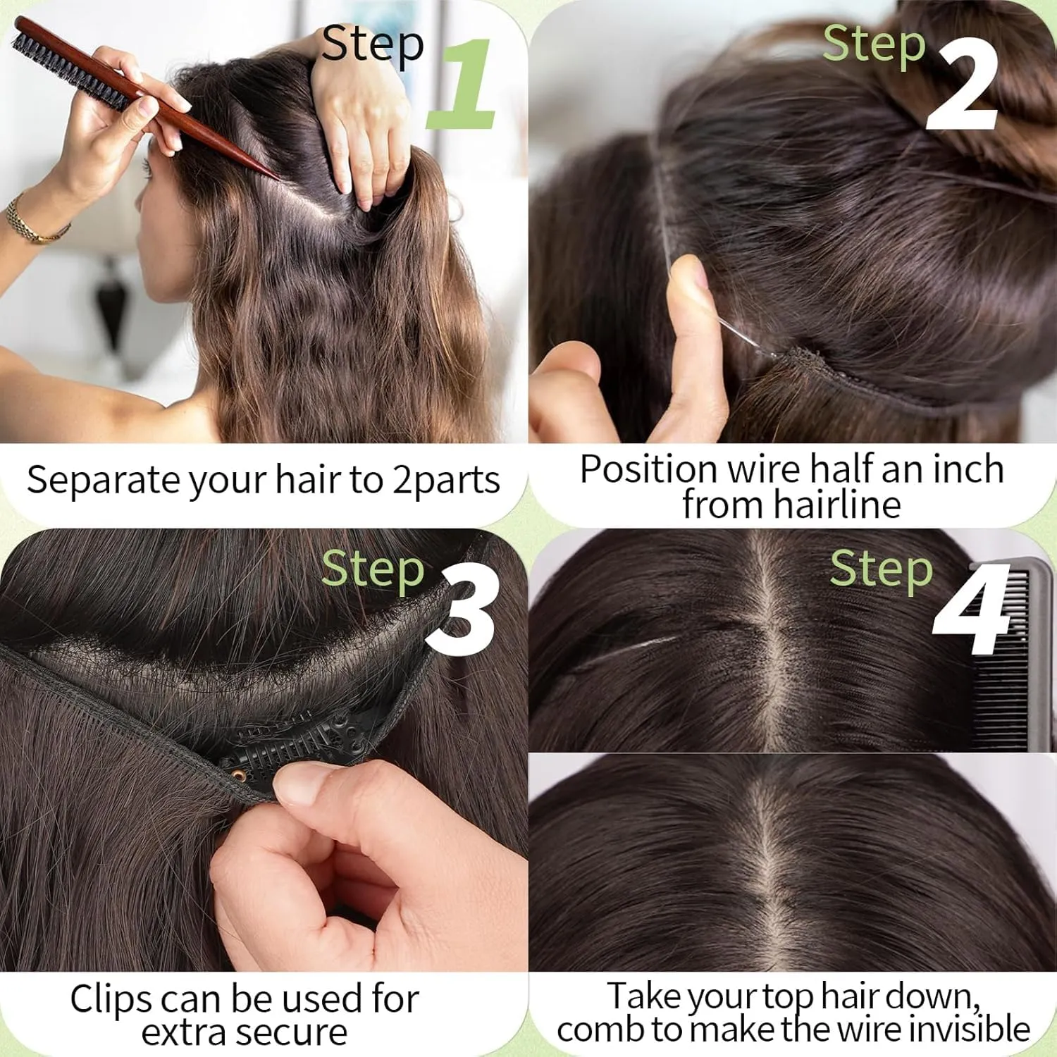 KooKaStyle Invisible Wire Hair Extensions with Transparent Wire Headband Adjustable Size 4 Secure Clips Balayage Dark Brown with Chestnut Long Wavy Hairpiece 16 Inch for Women