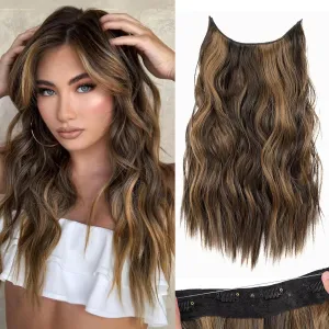 KooKaStyle Invisible Wire Hair Extensions with Transparent Wire Headband Adjustable Size 4 Secure Clips Balayage Dark Brown with Chestnut Long Wavy Hairpiece 16 Inch for Women