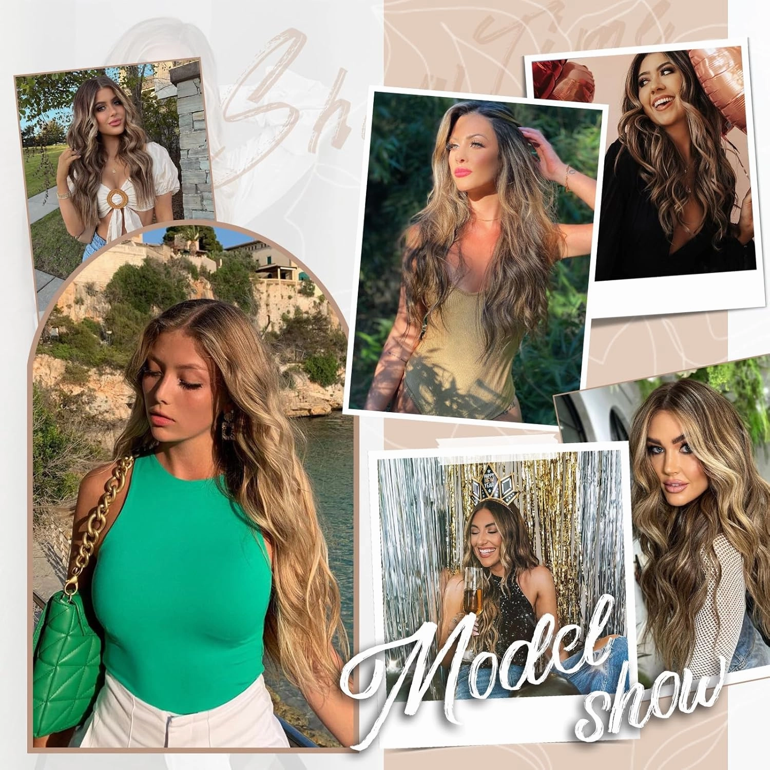 KooKaStyle Invisible Wire Hair Extensions with Transparent Headband Adjustable Size 4 Secure Clips Long Wavy Highlight Hairpiece 12 Inch Balayage Chocolate Brown to Caramel Blonde for Women