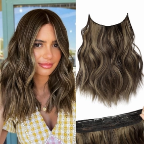KooKaStyle Invisible Wire Hair Extensions with Transparent Headband Adjustable Size 4 Secure Clips Long Wavy Highlight Hairpiece 12 Inch Balayage Chocolate Brown to Caramel Blonde for Women