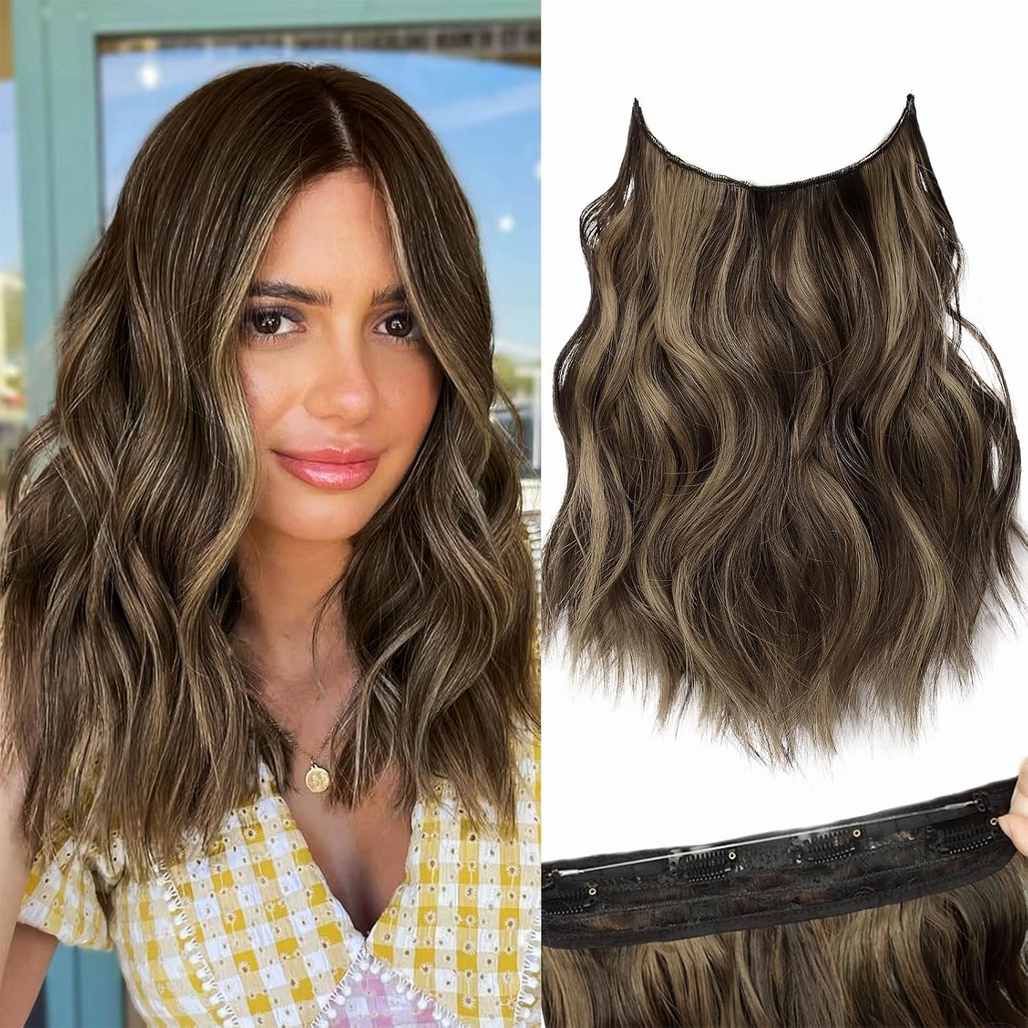 KooKaStyle Invisible Wire Hair Extensions with Transparent Headband Adjustable Size 4 Secure Clips Long Wavy Highlight Hairpiece 12 Inch Balayage Chocolate Brown to Caramel Blonde for Women