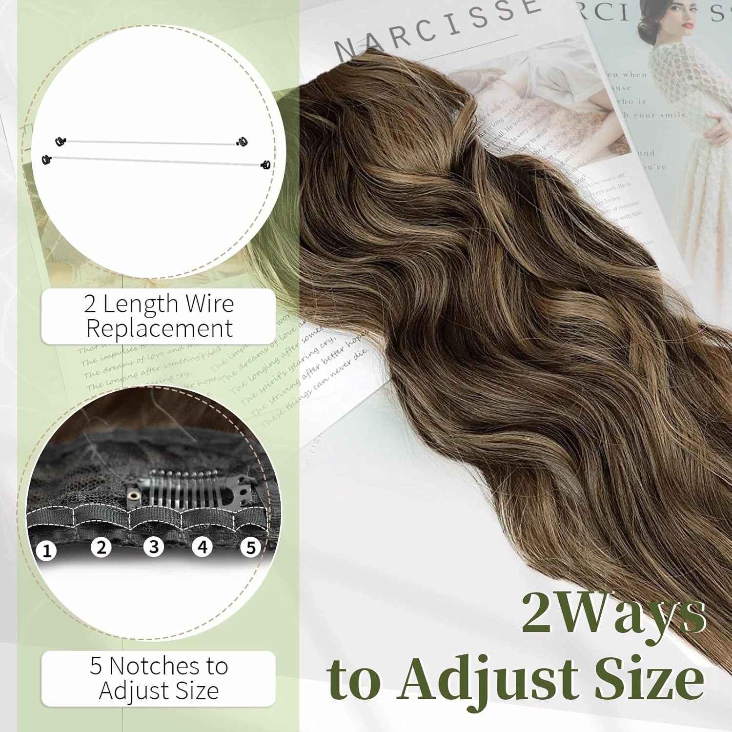 KooKaStyle Invisible Wire Hair Extensions with Transparent Headband Adjustable Size 4 Secure Clips Long Wavy Highlight Hairpiece 12 Inch Balayage Chocolate Brown to Caramel Blonde for Women