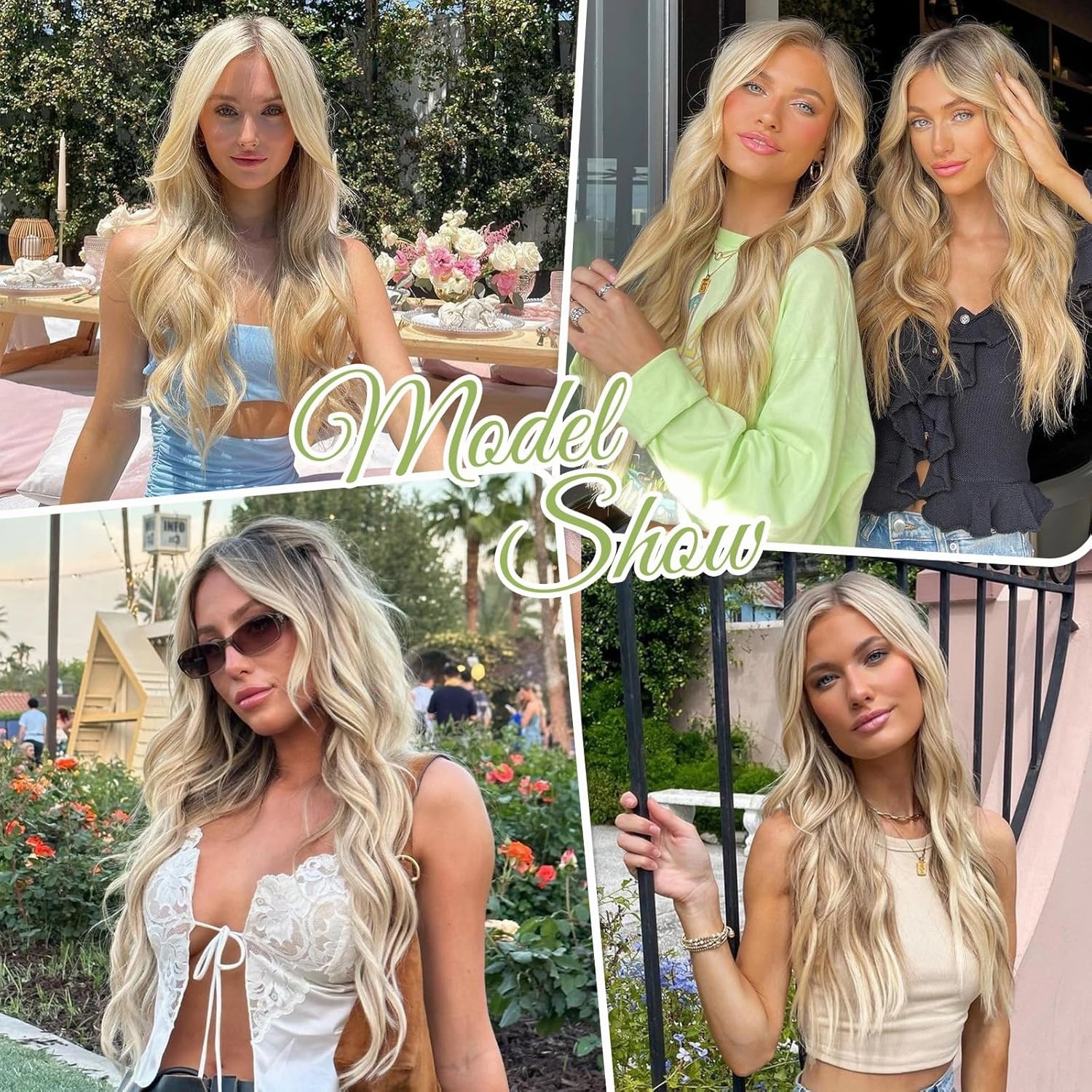 KooKaStyle Invisible Wire Hair Extensions with Transparent Wire Headband Adjustable Size 4 Secure Clips Long Wavy Synthetic Hairpiece for Women(20inch Beige Blonde mix Lvory Blonde Highlights)