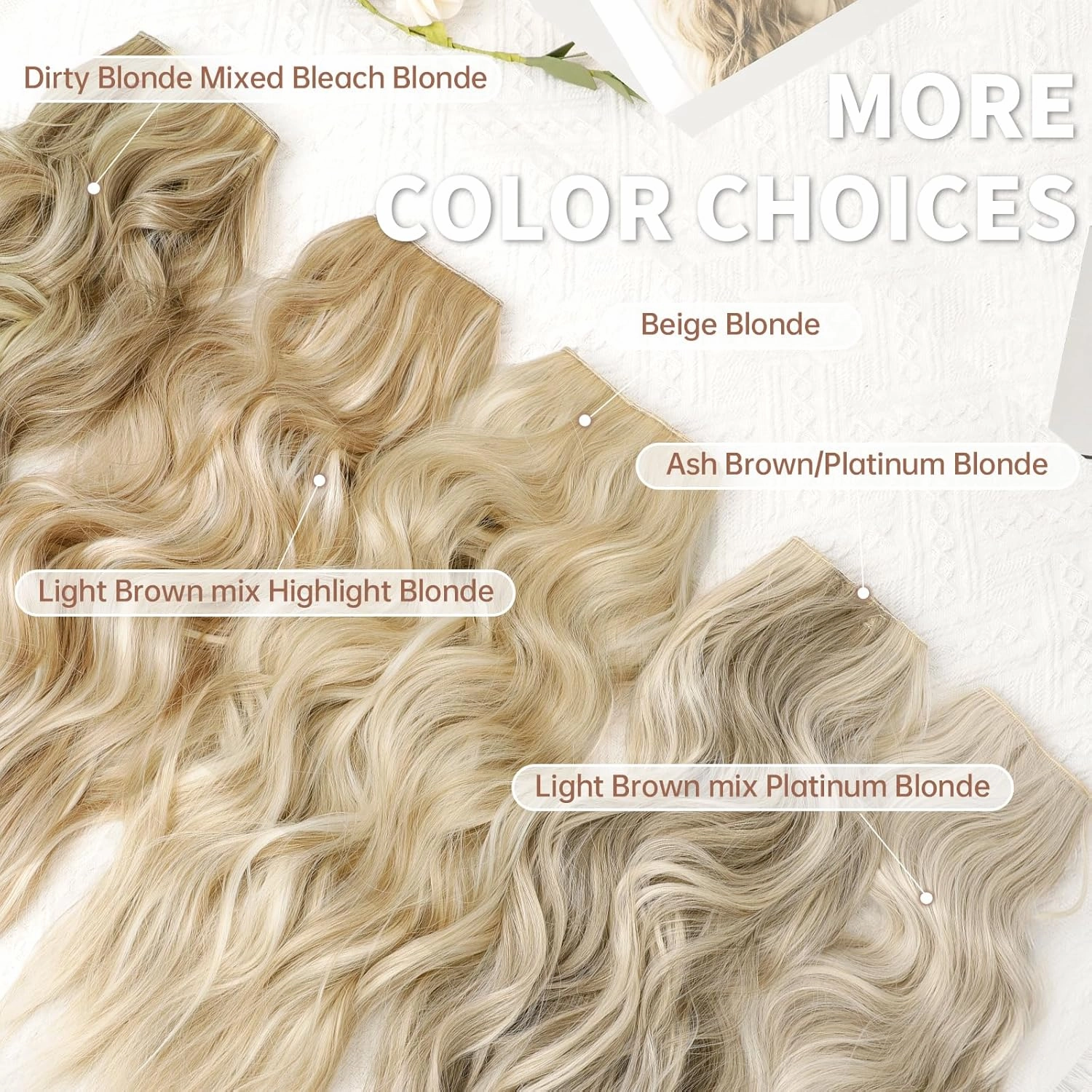 KooKaStyle Invisible Wire Hair Extensions with Transparent Wire Headband Adjustable Size 4 Secure Clips Long Wavy Synthetic Hairpiece for Women(20inch Beige Blonde mix Lvory Blonde Highlights)