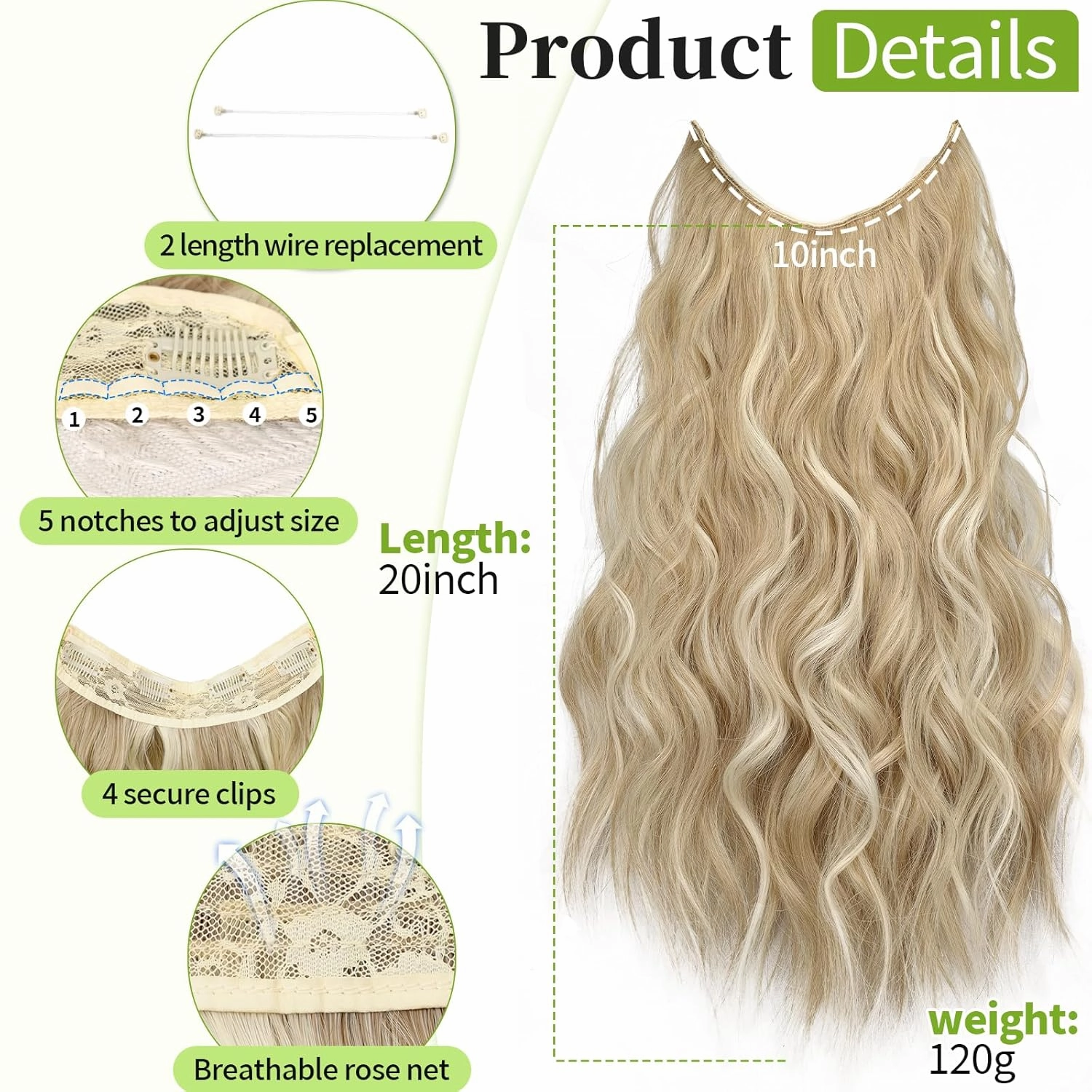 KooKaStyle Invisible Wire Hair Extensions with Transparent Wire Headband Adjustable Size 4 Secure Clips Long Wavy Synthetic Hairpiece for Women(20inch Beige Blonde mix Lvory Blonde Highlights)
