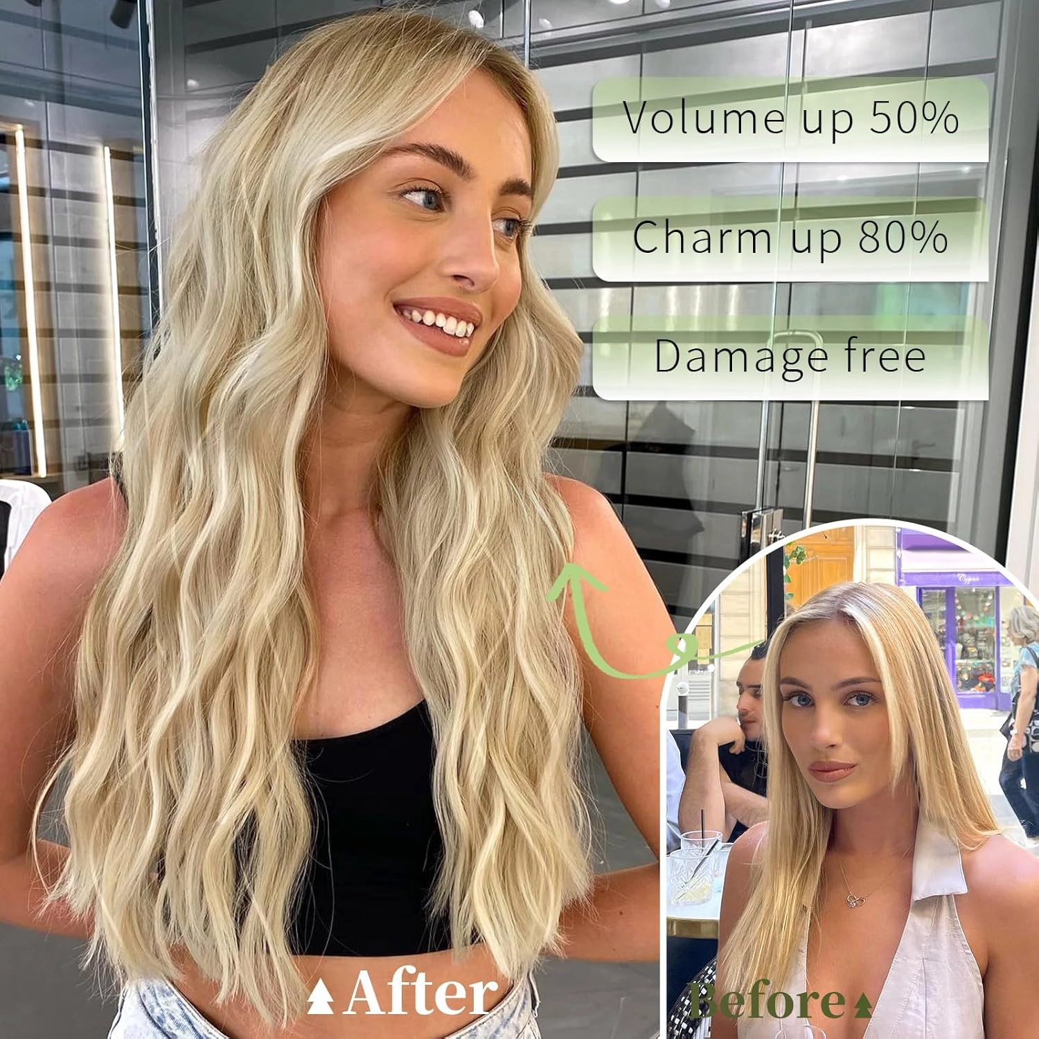 KooKaStyle Invisible Wire Hair Extensions with Transparent Wire Headband Adjustable Size 4 Secure Clips Long Wavy Synthetic Hairpiece for Women(20inch Beige Blonde mix Lvory Blonde Highlights)