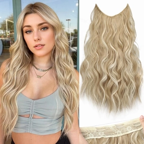 KooKaStyle Invisible Wire Hair Extensions with Transparent Wire Headband Adjustable Size 4 Secure Clips Long Wavy Synthetic Hairpiece for Women(20inch Beige Blonde mix Lvory Blonde Highlights)