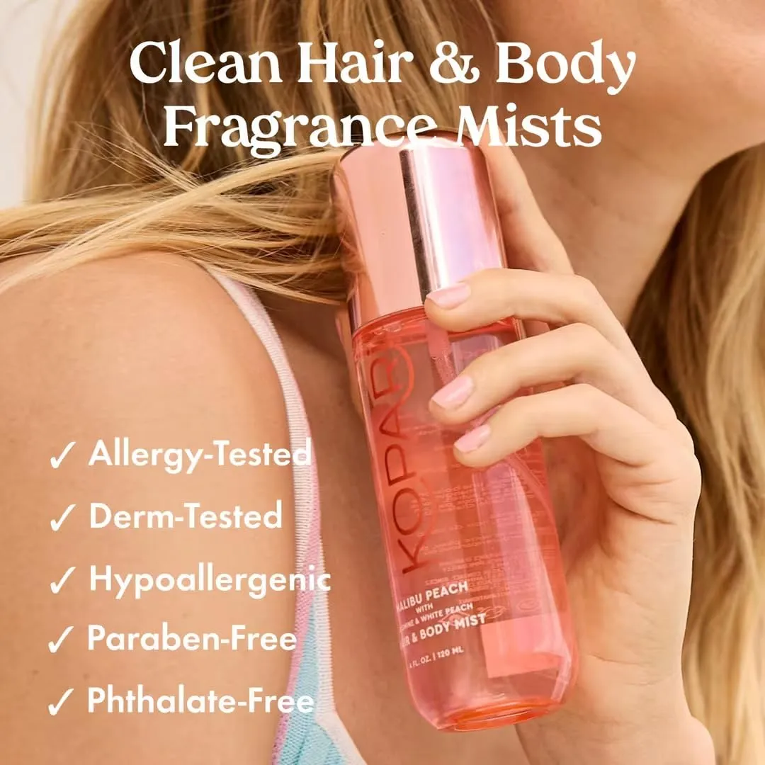 Kopari Hair & Body Mist Malibu Peach, Long-Lasting Playful Vibrant Tropical Scent, Warm Floral Fragrance, Blend of Peach with a Kiss of Jasmine, 4 oz