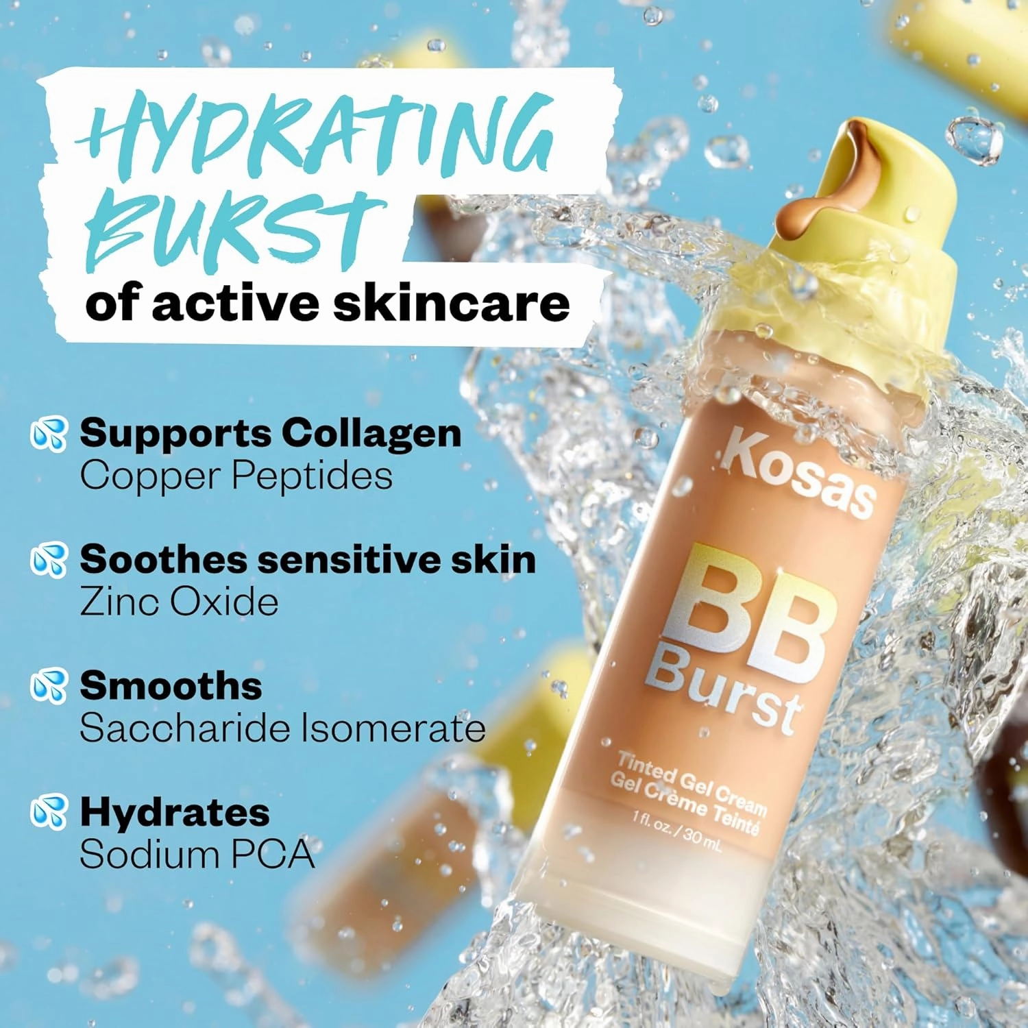 Kosas BB Burst Tinted Face Gel Cream - Supports Healthy Collagen, Smoothes Skin, Hydrates & Moisturizes - Lightweight Buildable Coverage - Medium Tan Warm 25, (1 Oz/30 ML)
