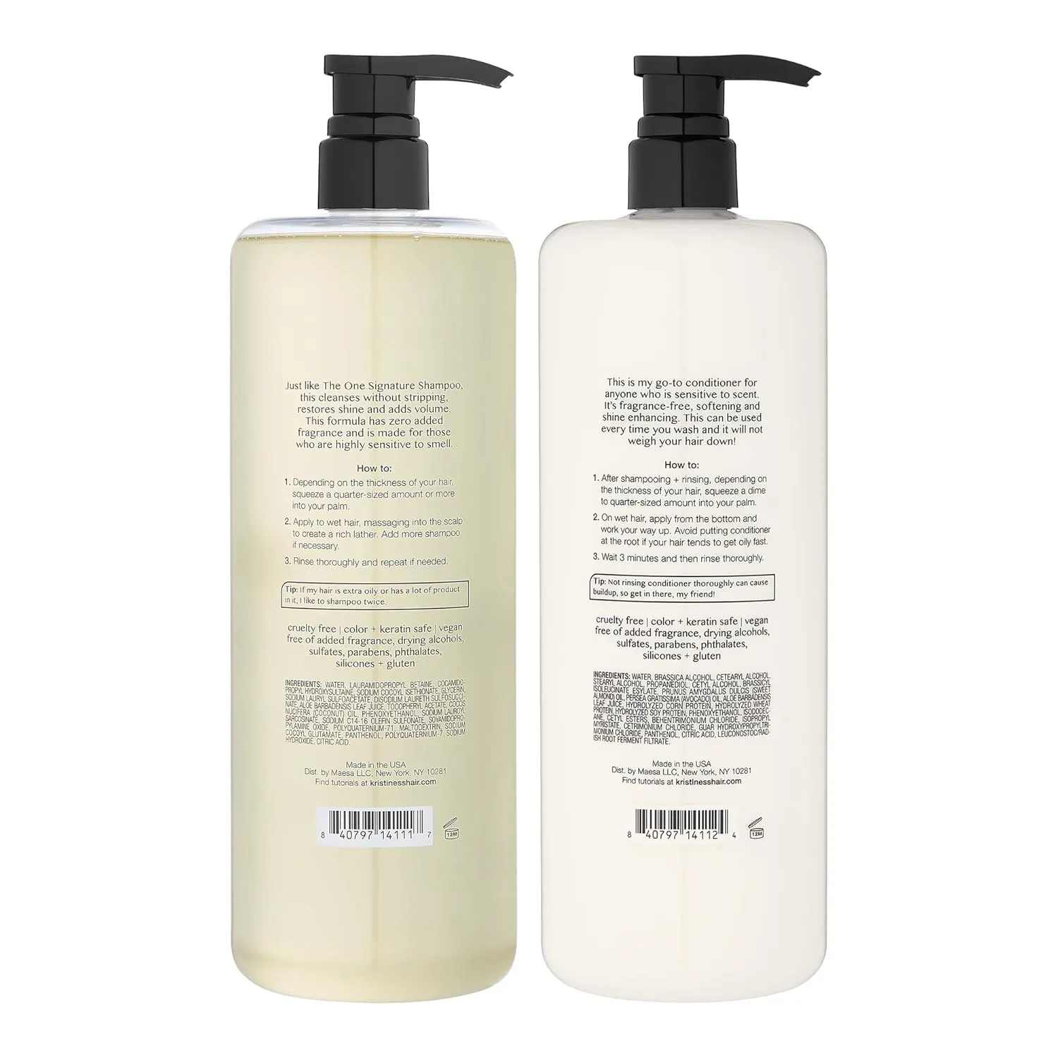 Kristin Ess Hair Fragrance Free Shampoo and Conditioner 1 Liter Set for Sensitive Skin and Scalp - Sulfate Free and Color Safe Shampoo and Conditioner - Hydrating   Moisturizing - Vegan   Cruelty Free