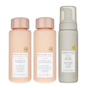Kristin Ess Hair The One Signature Set - Lightly Clarifying Sulfate Free Shampoo, Hydrating Conditioner   Texturizing Sea Salt Air Dry Volumizing   Non Sticky Mousse for Wavy   Curly Hair (Pack of 3)