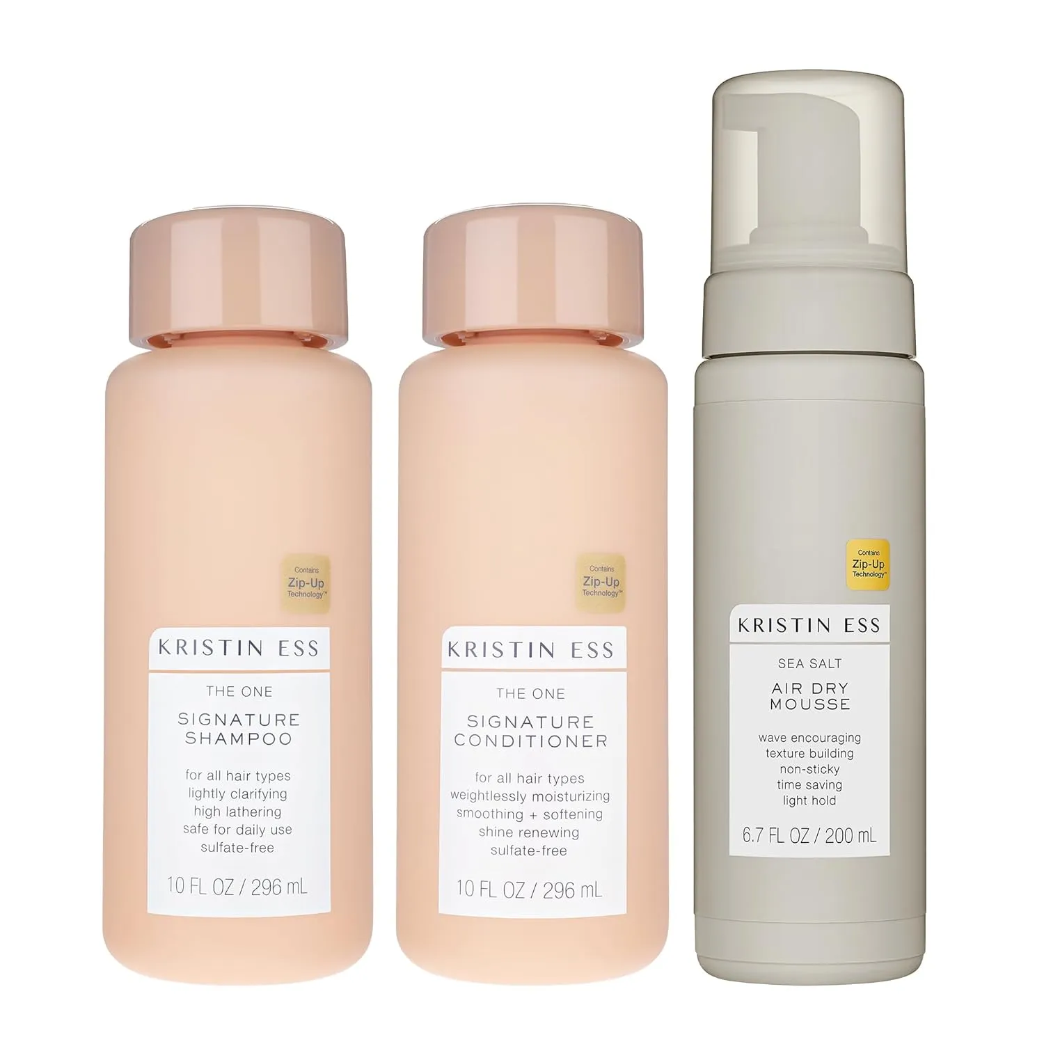 Kristin Ess Hair The One Signature Set - Lightly Clarifying Sulfate Free Shampoo, Hydrating Conditioner   Texturizing Sea Salt Air Dry Volumizing   Non Sticky Mousse for Wavy   Curly Hair (Pack of 3)