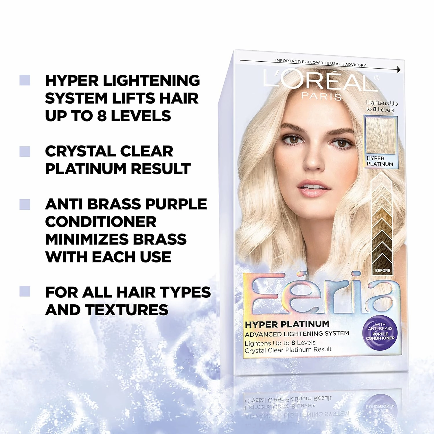 L’Oreal Paris Feria Hyper Platinum Hair Bleach, Lifts Up To 8 Levels, Includes Anti Brass Purple Conditioner, Hyper Platinum Blonde Hair Dye Kit, Pack of 2