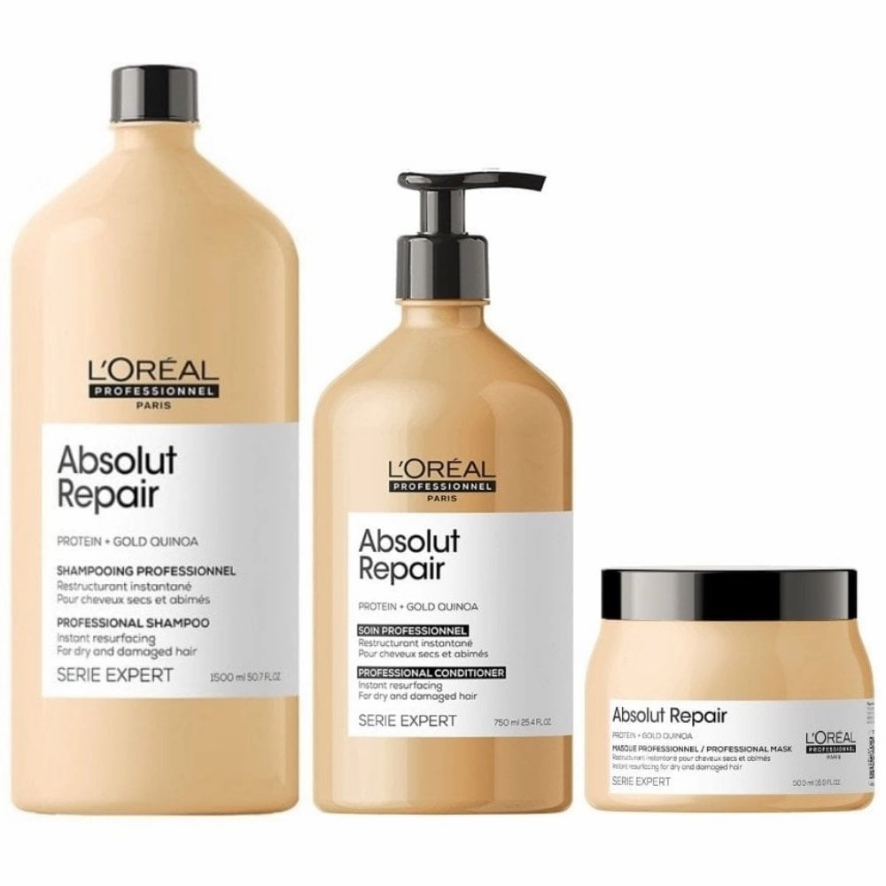 L'Oreal Professionnel Serie Expert Absolut Repair Protein   Gold Quinoa Instant Resurfacing Shampoo 1500ml, Conditioner 750ml & Mask 500ml Trio