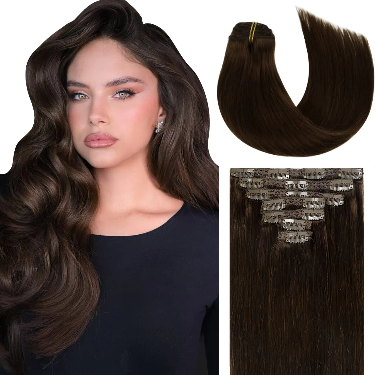 Lacer Clip in Human Hair Extensions, 22 Inch 140g Light Dark Brown Clip in Hair Extensions Real Human Hair Double Weft Natural Straight Remy Human Hair Clip Ins 7 Pcs with 16 Clips Human Hair
