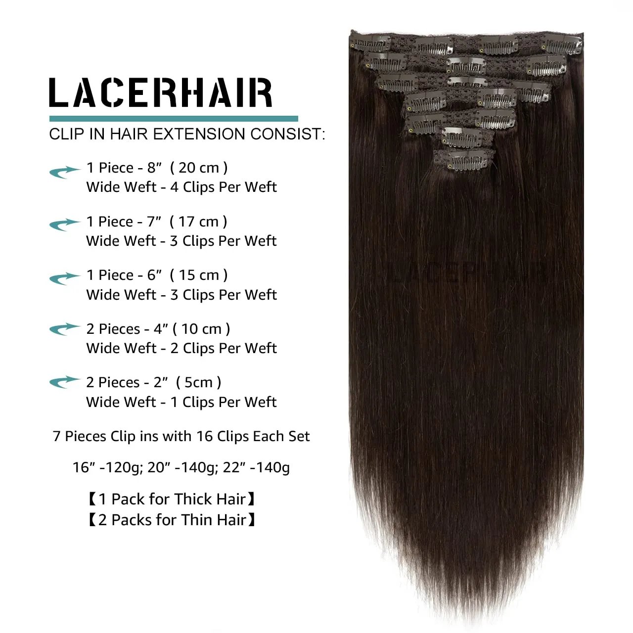 Lacer Clip in Human Hair Extensions, 22 Inch 140g Light Dark Brown Clip in Hair Extensions Real Human Hair Double Weft Natural Straight Remy Human Hair Clip Ins 7 Pcs with 16 Clips Human Hair