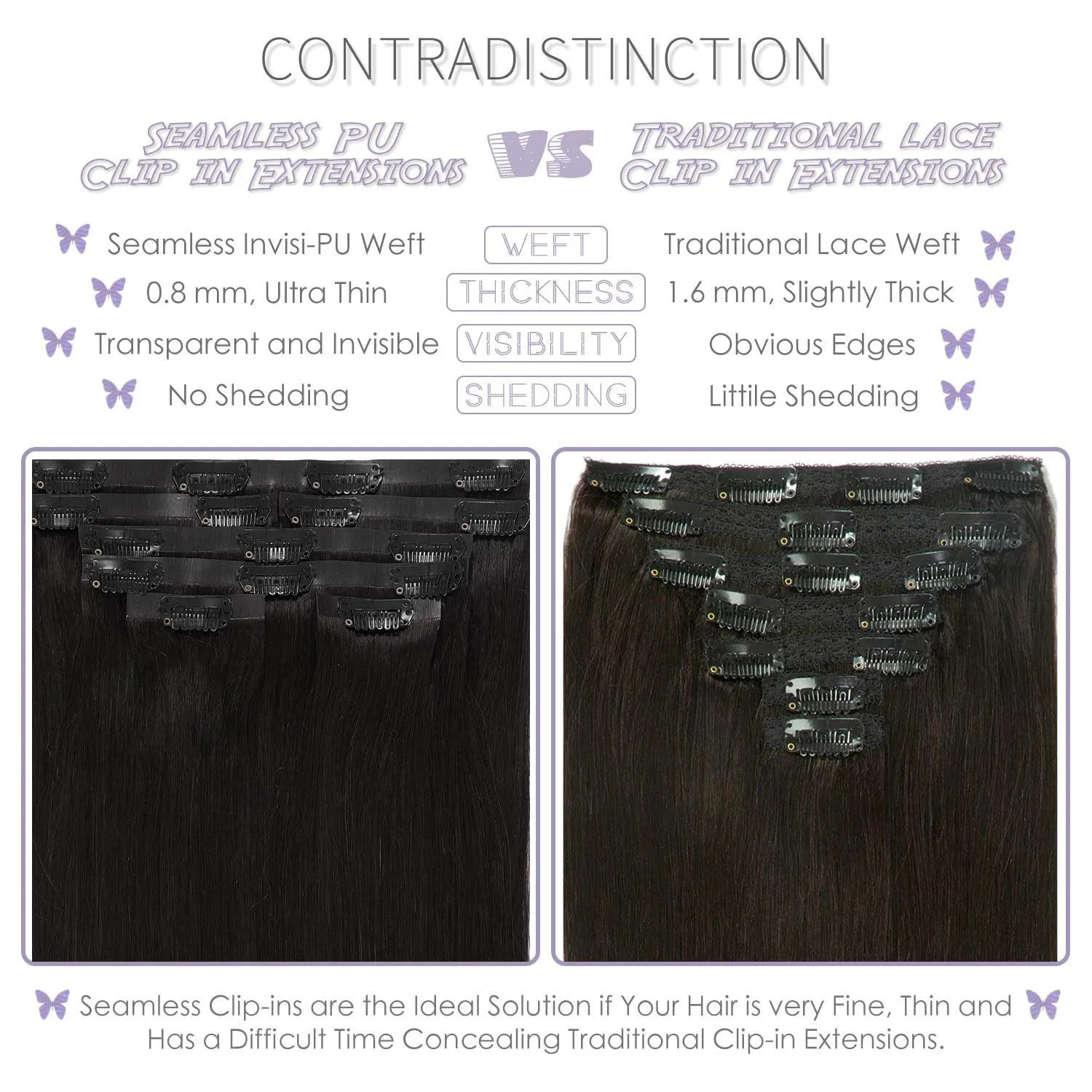 Lacer Hair 9A Grade Seamless Hair Extensions Clip in Human Hair #1B Natural Black Ultra Thin Double Weft PU Invisible Clip in Hair Extensions Remy Human Hair Clip in 7pcs 110g 14 Inch