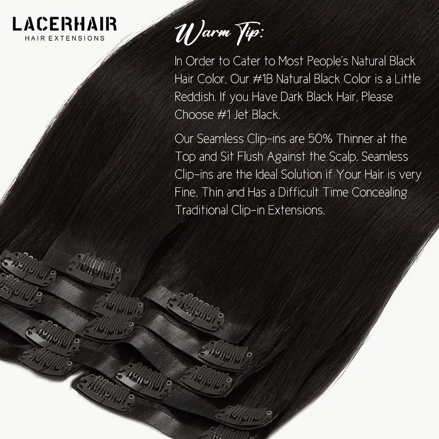 Lacer Hair 9A Grade Seamless Hair Extensions Clip in Human Hair #1B Natural Black Ultra Thin Double Weft PU Invisible Clip in Hair Extensions Remy Human Hair Clip in 7pcs 110g 14 Inch