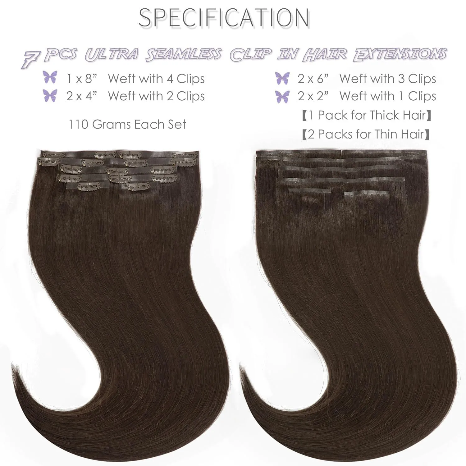 Lacer Hair Extensions Seamless Clip in Human Hair Light Dark Brown Seamless PU Glue Weft Human Hair Clip in Extensions 14 110g 7pcs